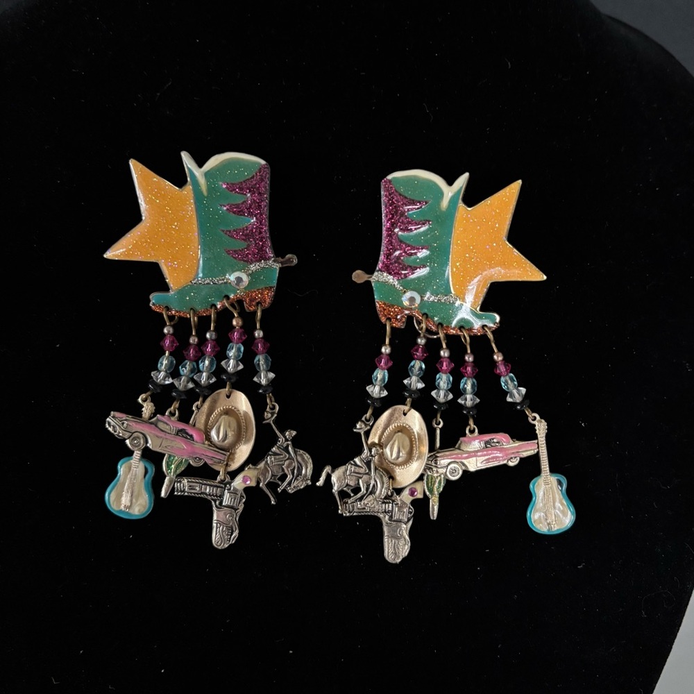 Ritz Moulin Rouge Vintage Cowboy Boot Western Dangle Earrings w/ western Charms